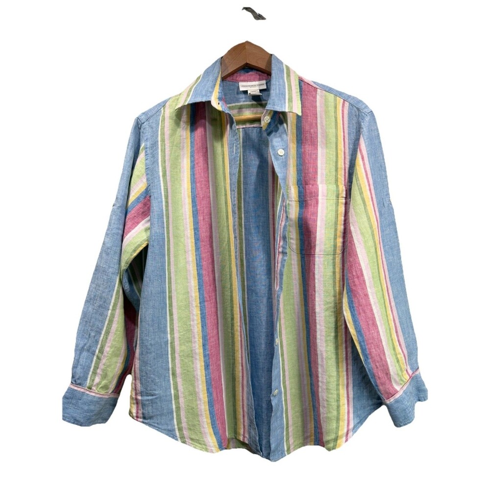 JONES NEW YORK Women's Size M 100% Linen Multi-Colored Rainbow Stripe Shirt